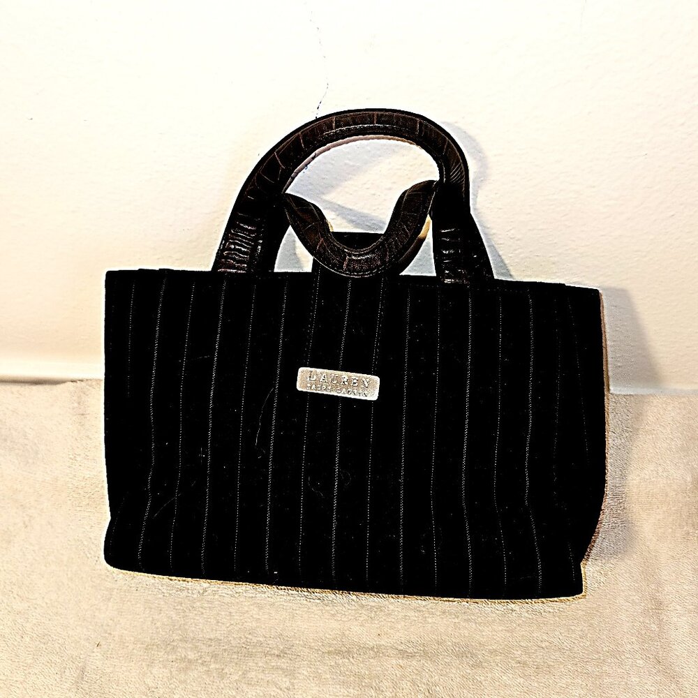 LAUREN Ralph Lauren Navy Blue with Pinstripes Wool Tote Handbag